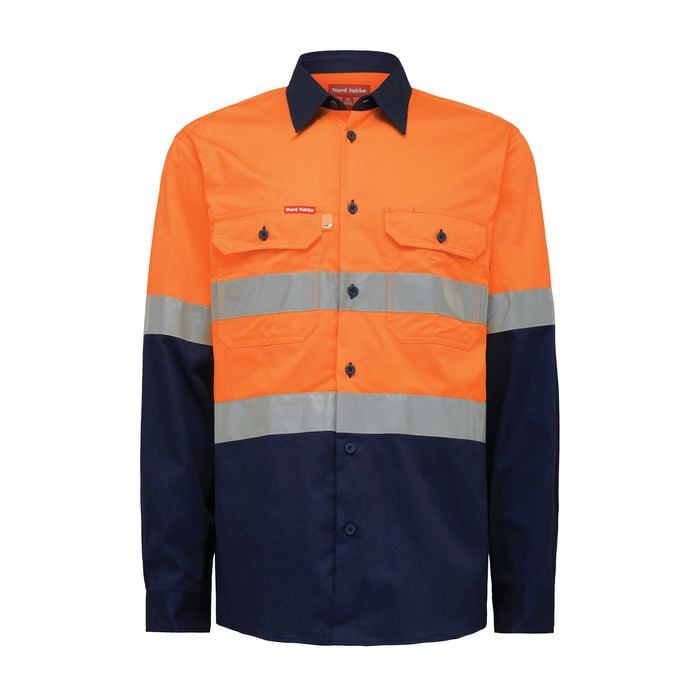 Hard Yakka Orange / Navy Hi Vis Taped Long Sleeve Shirt - Size 2XL