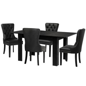 Oikiture 160cm Extendable Dining Table with 4PCS Dining Chairs PU Leather Black