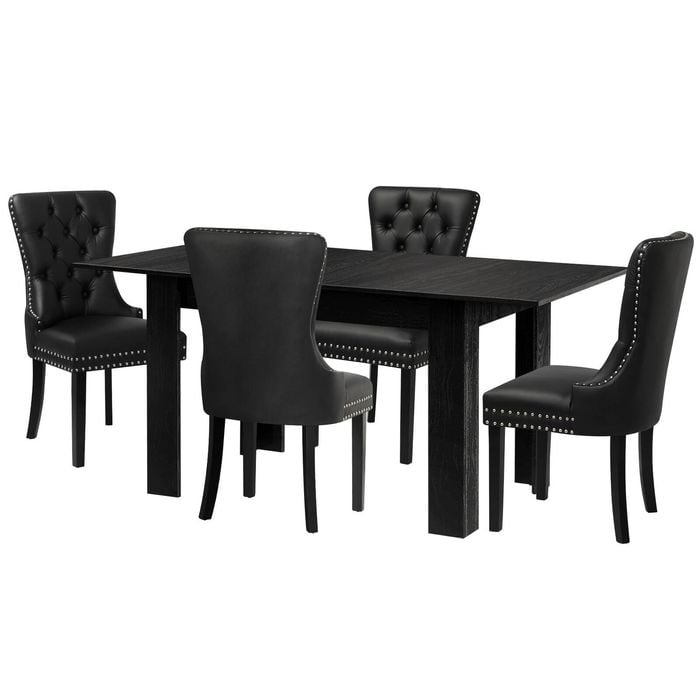 Oikiture 160cm Extendable Dining Table with 4PCS Dining Chairs PU Leather Black