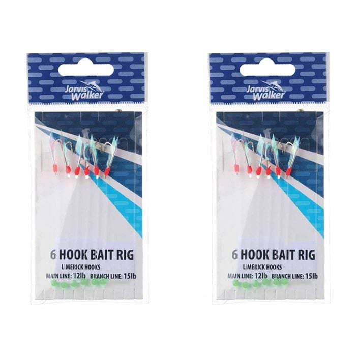 2x Jarvis Walker 6 Hook Bait Rig 12lb Main Line & 15lb Branch Line - Size 8