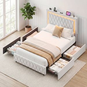 Ufurniture Led Bed Frame Queen Size With 4 Storage Drawers Charging Velvet Button Tufted Bed, Beige