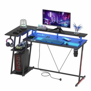 Advwin L Shaped 140cm Gaming Desk with LED Lights & Power Outlets Black