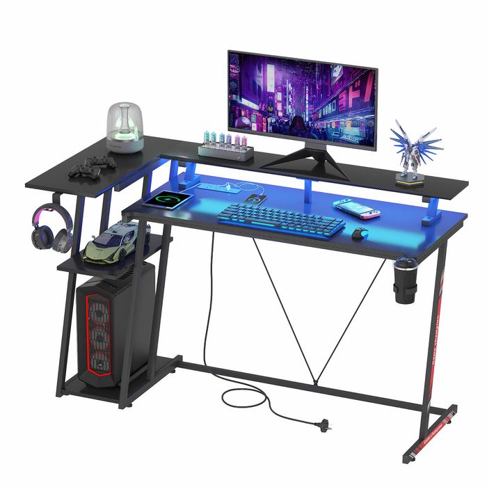 Advwin L Shaped 140cm Gaming Desk with LED Lights & Power Outlets Black