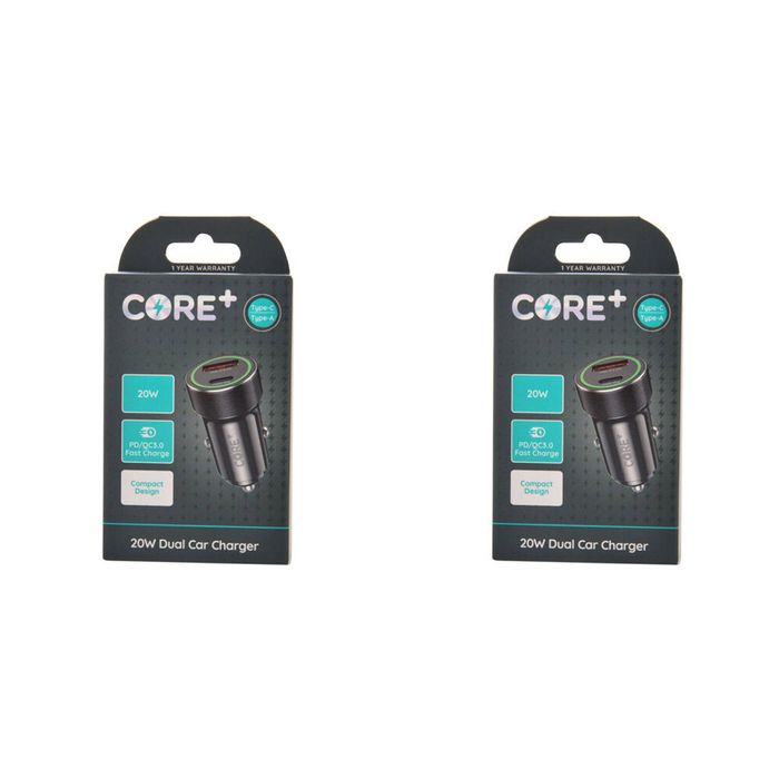 2PK Core Type-C/USB-A Dual Port Car Charger 20W - Black
