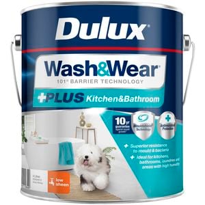 Dulux 4L Interior Paint Wash&Wear +PLUS Kitchen & Bathroom Low Sheen Vivid White - 4L