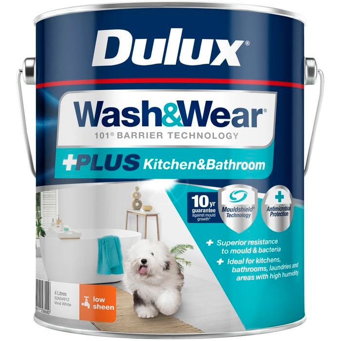 Dulux 4L Interior Paint Wash&Wear +PLUS Kitchen & Bathroom Low Sheen Vivid White - 4L