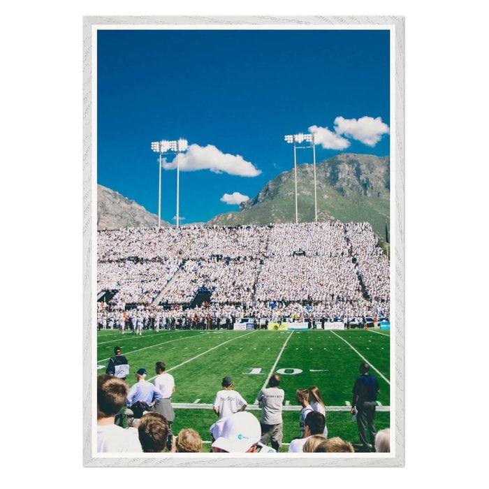 Galrie Stunning Football Stadium Art Print with Majestic Mountain View, White Frame, 70 x 100cm (28 x 40inch)
