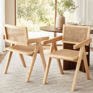 Homfurn 2x Dining Chairs – Wooden Rattan Seat, Rubber Wood Frame, Breathable Natural Weave, For Home Cafe, Natural