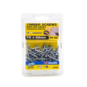 Zenith 7G x 25mm Zinc Plated Hinge-Long Threads Countersunk Head Timber Screws - 100 Pack