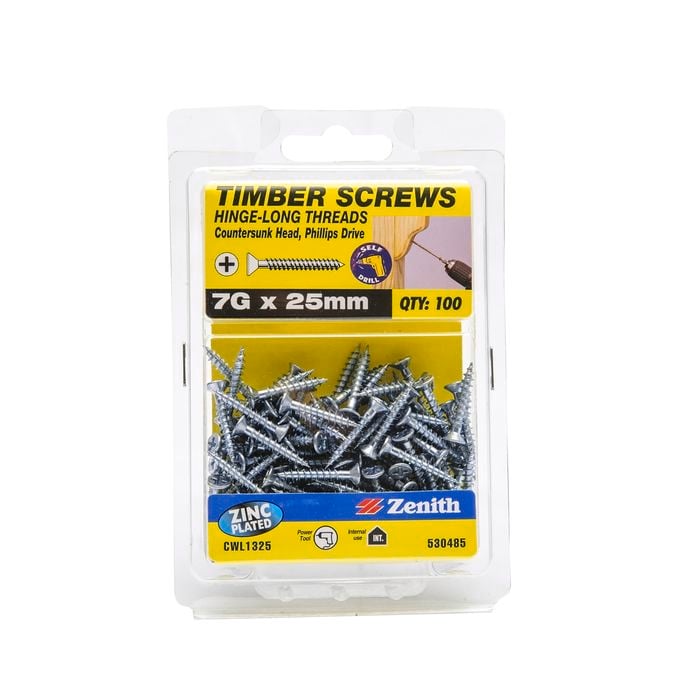 Zenith 7G x 25mm Zinc Plated Hinge-Long Threads Countersunk Head Timber Screws - 100 Pack