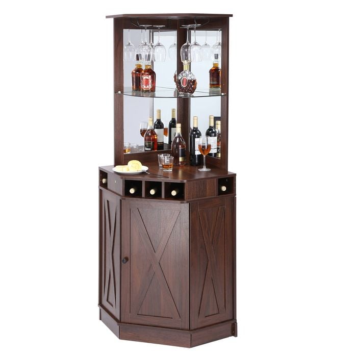 Vevor Corner Industrial Bar Cabinet Black Walnut with Wine Table for storage