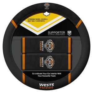 West Tigers Official Nrl Steering Wheel Cover And Seat Belt Cover Set