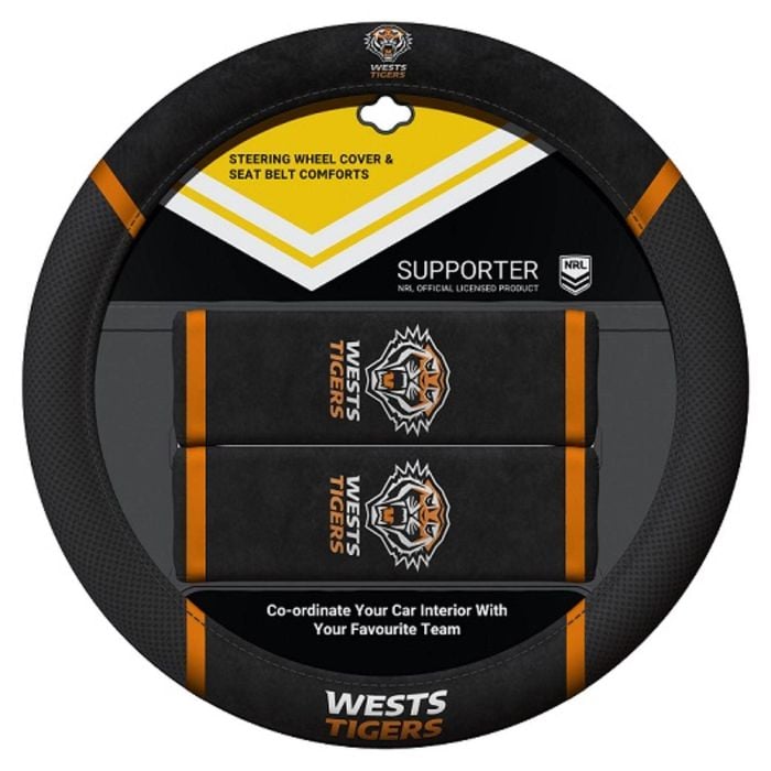 West Tigers Official Nrl Steering Wheel Cover And Seat Belt Cover Set