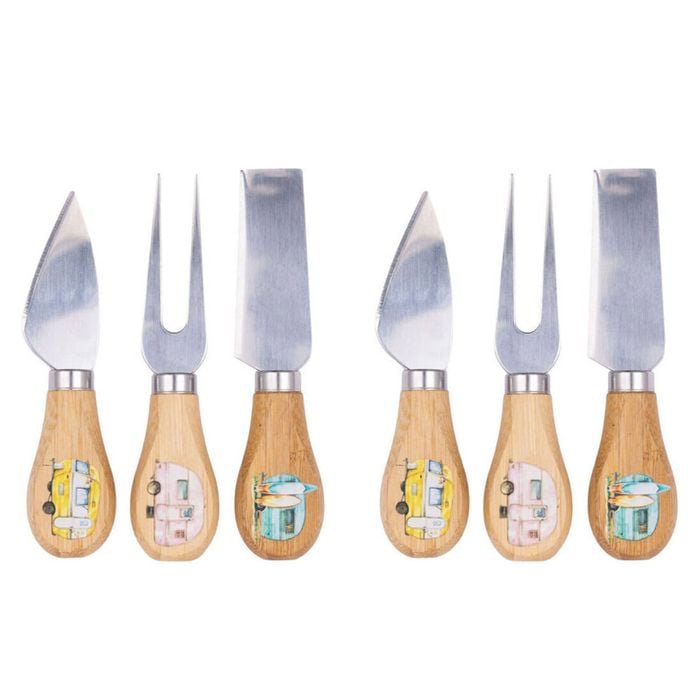 2x 3pc Splosh Caravan Bamboo Steel Camping Cheese Knife Set 12.5cm Natural