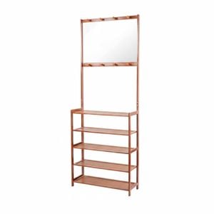 P&P Brown Bamboo Shoe Rack Coat Stand With Shelves And Hooks
