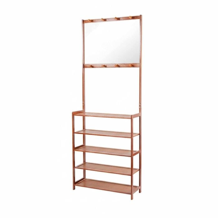 P&P Brown Bamboo Shoe Rack Coat Stand With Shelves And Hooks