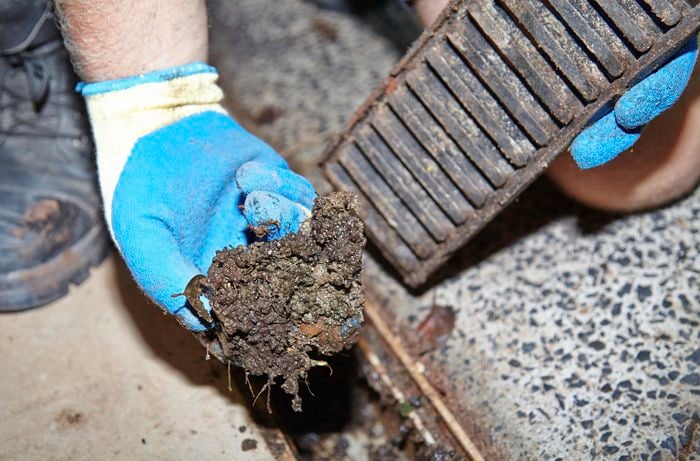 Person holding gunk from their gutter in hand.