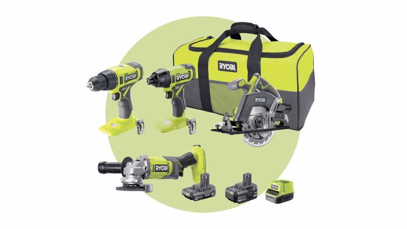 Ryobi four-piece power tools combo kit with a duffle bag and batteries on a light green background.