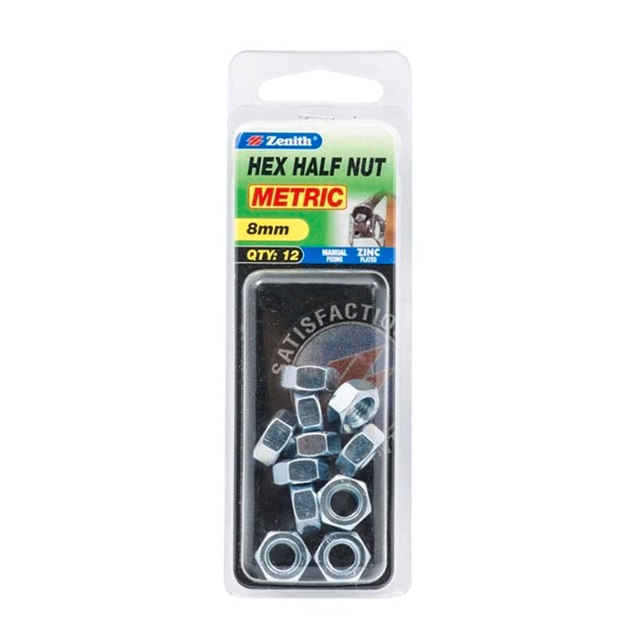 Zenith 8mm Zinc Plated Hex Half Nut - 12 Pack