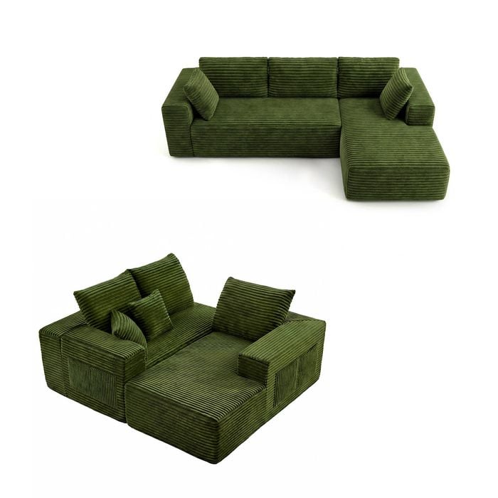 Ufurniture 277cm 3 Seater Sofa W/ Large Recliner No Assembly Corduroy Compressed Sofa Floor Lounge Couch Green