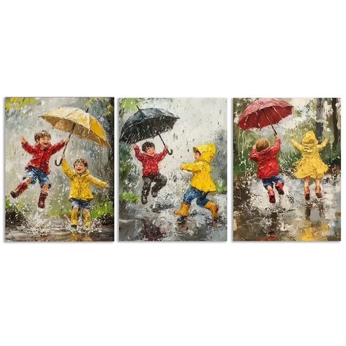 3pcs 2 kids playing in the rain Print 100% Australian Made 3 x 40x60cm (Metal Print)
