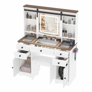 Ufurniture Dressing Table with Power Outlets LED Mirror Farmhouse Makeup Vanity Glass Tabletop White
