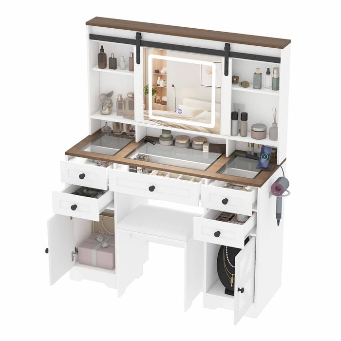 Ufurniture Dressing Table with Power Outlets LED Mirror Farmhouse Makeup Vanity Glass Tabletop White