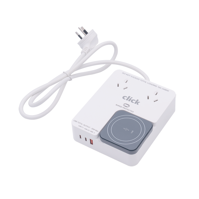 Click 2 Outlet Power Board with Wireless Phone Charger