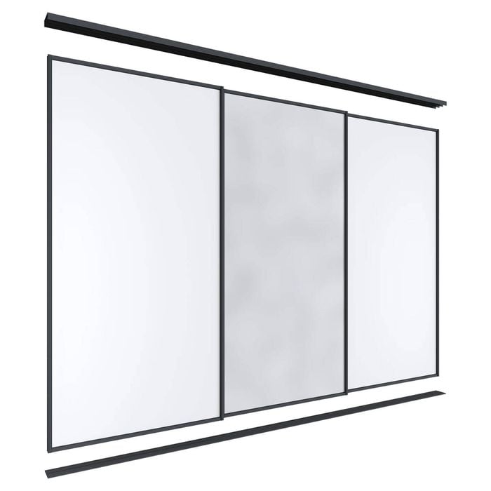 Lugna 2400 x 2701-3600mm Black 1 Mirror 2 Melamine Wardrobe Triple Sliding Doors