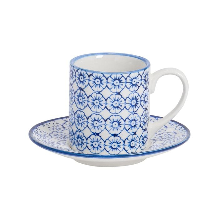 Nicola Spring Hand-Printed Espresso Cup and Saucer Set - Small Japanese Style Porcelain Coffee Mug - 65ml