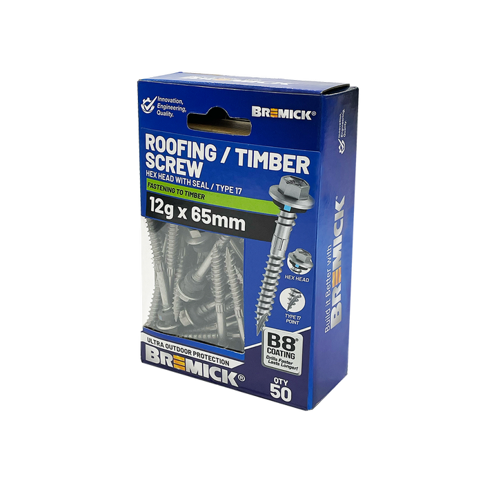Bremick Hex Roofing Screw 12g x 65mm B8 PK50