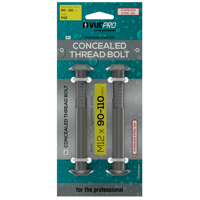 VUEPRO 90-110mm M12 Stainless Steel Concealed Thread Bolt - 2 Pack