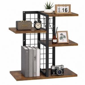 Advwin 4-Tier Wood Desktop Bookshelf with Adjustable Shelf, Versatile Desk Organizer with Metal Grid & Hooks Brown