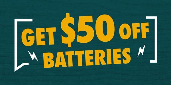 Get $50 off batteries on a green background