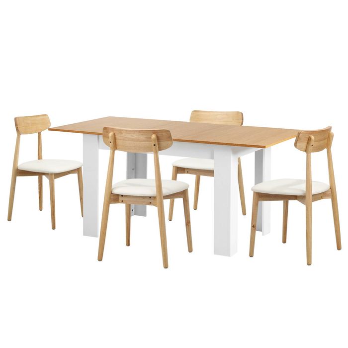 Oikiture 160cm Extendable Dining Table with 4x Dining Chairs PU Leather White