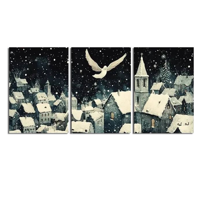 3pcs Charming Snowy Village Print 100% Australian Made 3 x 40x60cm  (Stretched)