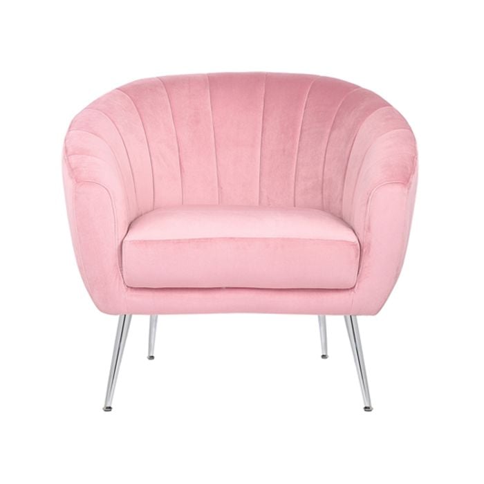 Arm Chair Light Pink Velvet Wooden Frame Iron Legs in Silver Colour