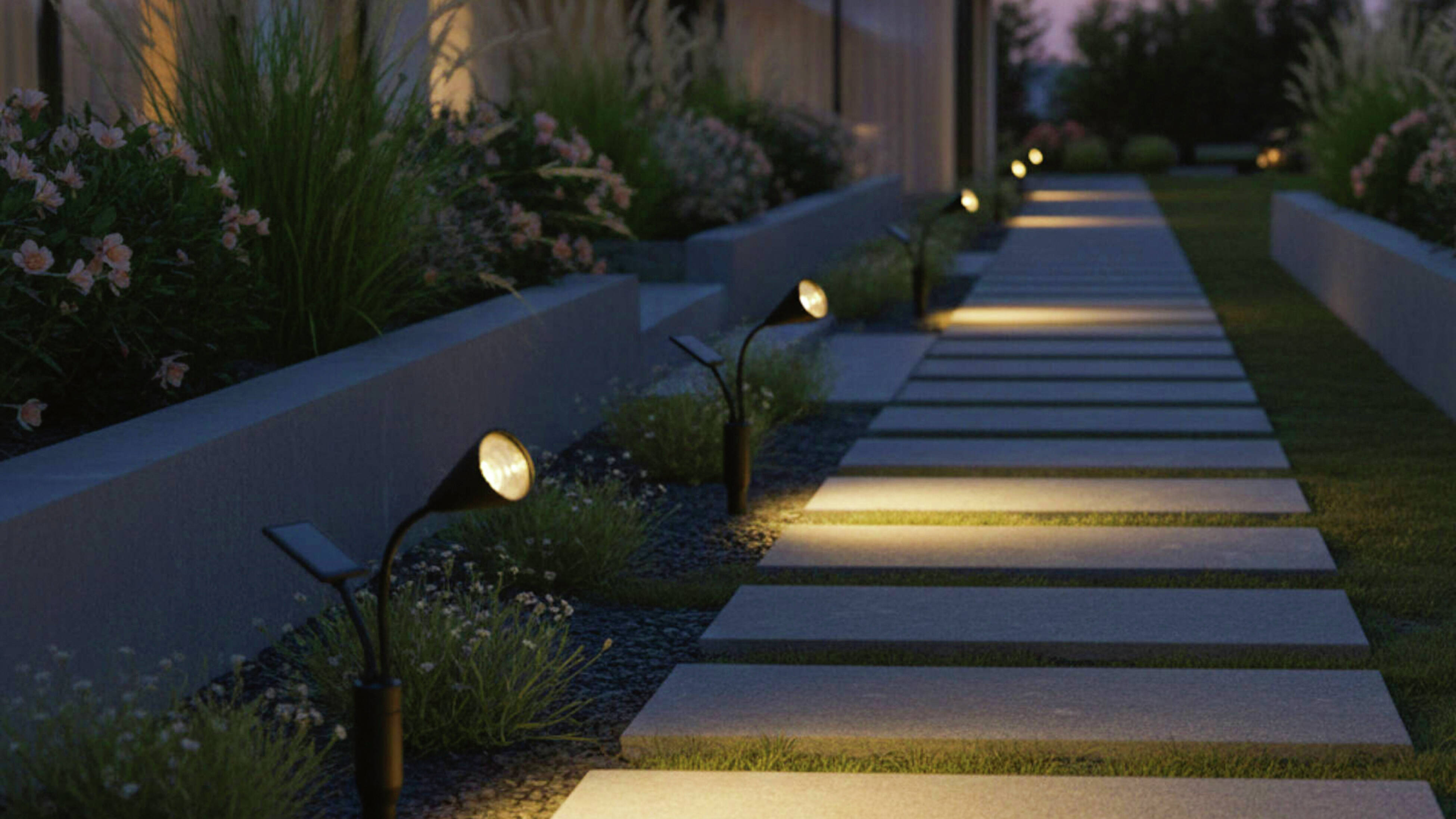 A garden path at night, with rectangular stepping stones illuminated by ground lights.