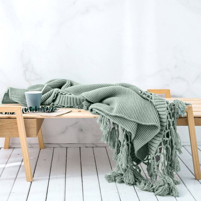 CottonMore Knitted Acrylic Blanket Bed Sofa Tassel Throw Rug Blanket 125x180cm - Olive