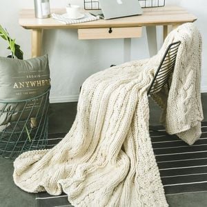 CottonMore 100% Handmade Super Soft Acrylic Knitted Blanket Bedspread Throw Rug Beige