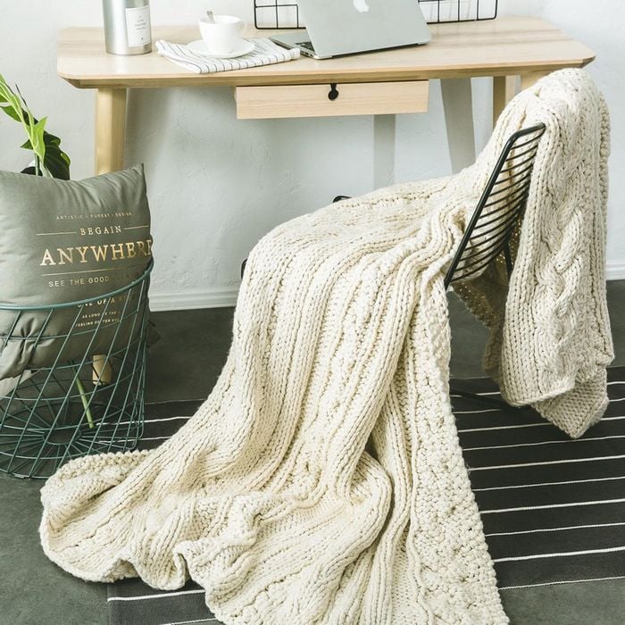 CottonMore 100% Handmade Super Soft Acrylic Knitted Blanket Bedspread Throw Rug Beige