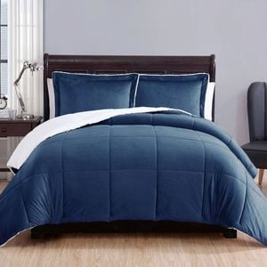 Bloomington 3 Piece Ultra-soft Micro Mink Comforter Set Queen with Sherpa Reverse Navy Blue