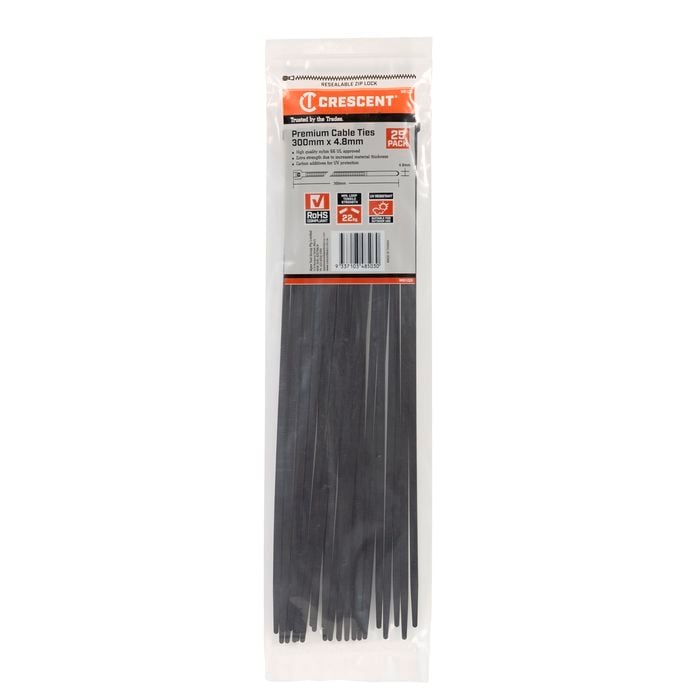 Crescent 300mm x 4.8mm Black Cable Ties - 25 Pack
