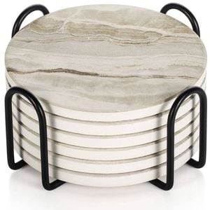 Absorbent Coaster Sets of 6, Marble Style Ceramic Drink Coaster for Tabletop Protection