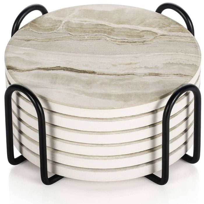 Absorbent Coaster Sets of 6, Marble Style Ceramic Drink Coaster for Tabletop Protection