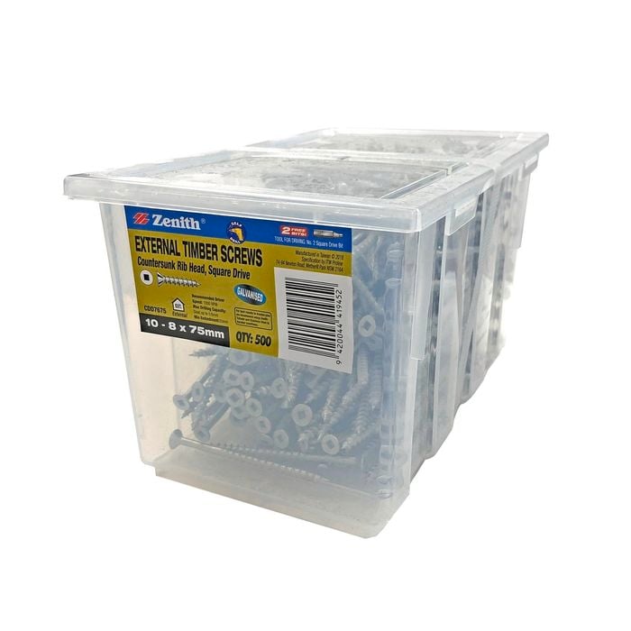 Zenith 10 - 8 x 75mm Galvanised Square Drive Countersunk Ribbed Head Timber Screws - 500 Pack