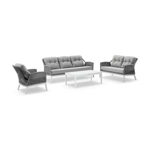 Hugo 3+2+1 Seater Outdoor Aluminium/rope Lounge Set White With Coffee Table & Grey Rope/ Olefin Cushions