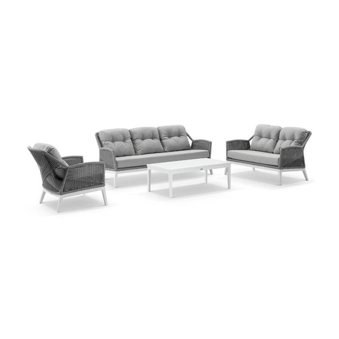 Hugo 3+2+1 Seater Outdoor Aluminium/rope Lounge Set White With Coffee Table & Grey Rope/ Olefin Cushions