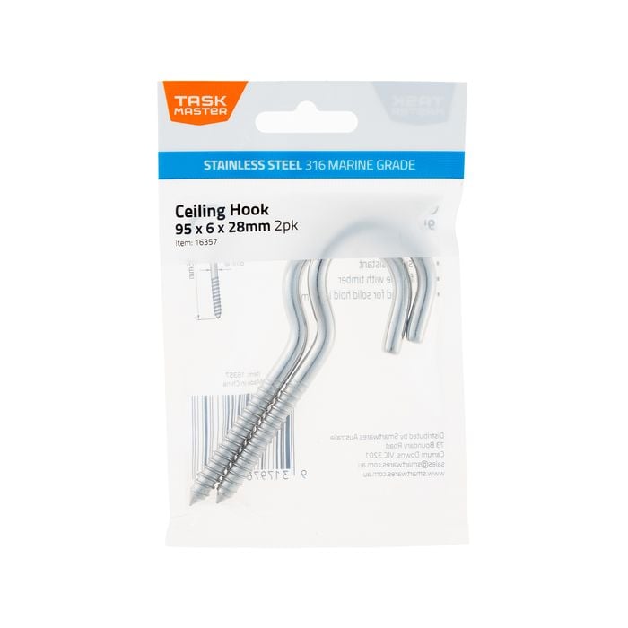 Taskmaster 95 x 6 x 28mm 316 Stainless Steel Ceiling Hook - 2 Pack