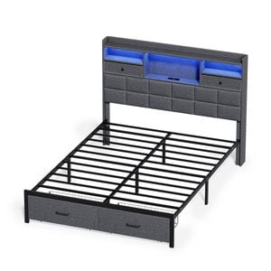 Ufurniture Bed Frame with LED Lights & Charging Station Display Shelf Upholstered Headboard 2 Underbed Storage Drawers Double
